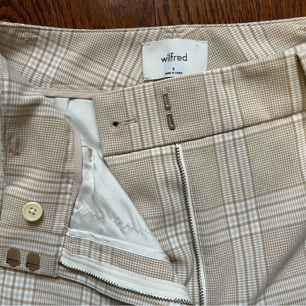 Aritzia Wilfred Beige White Plaid Jallade Tie Front Trousers Pants - Sz 8 - Picture 9 of 15